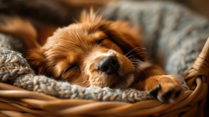 A dog resting in a cozy basket wrapped in a soft blanket