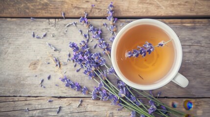 Serene Lavender Tea Time on Rustic Tabletop | Tranquil Herbal Infusion with Dried Lavender Sprigs in Cozy Kitchen Setting