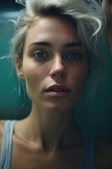 A young adult female with blonde hair wearing a gray tank top, suitable for various editorial or commercial uses