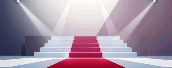 Obraz premium Red carpet leading up white steps with dramatic lighting for award ceremony or special event