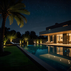 Modern Oasis, House with Nighttime Pool View