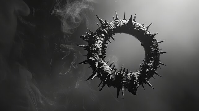 A 3D black and white image of a deformed donut with sharp spikes floating in a dark gray space.