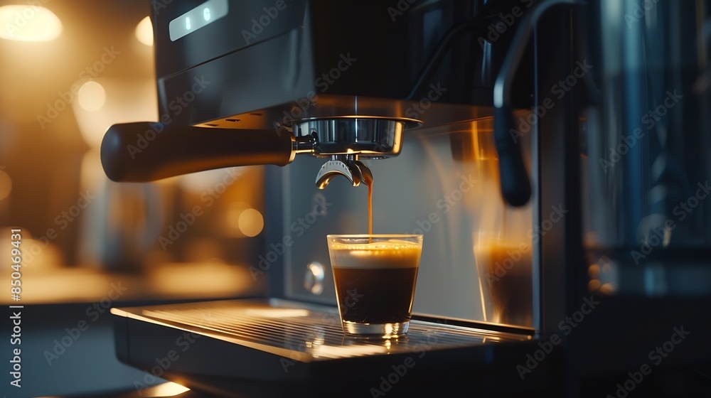 Poster Coffee machine filling a cup with Making coffee by coffee machine into cup espresso coffee coming out from an automated coffemaker machine Beverage drink for breakfast : Generative AI