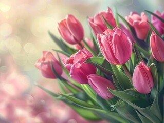 Fototapeta premium A bouquet of pink tulips in a decorative vase, perfect for floral arrangements or still life photography