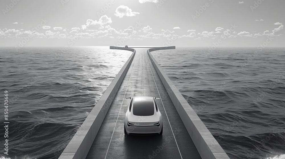 Poster create an image of a futuristic oceanic highway with lanes designated for autonomous vehicles, ensur