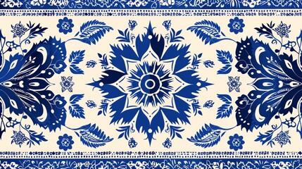 Ethnic tribal pattern, blue and white, delicate details, high resolution, elegant and intricate, traditional motifs, serene and beautiful