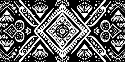 Fototapeta premium Ethnic tribal pattern, black and white, symmetrical design, high definition, intricate and detailed, traditional motifs, striking contrast