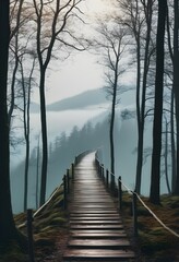Fototapeta premium Tranquil Riverbank Stroll Along a Wooden Footpath