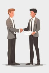 Fototapeta premium two young men in formal attire holding shaking hands to conclude a contract, with flat illustration style, vector graphic design, full body portrait, wearing gray suit and tie, black pants, black shoe