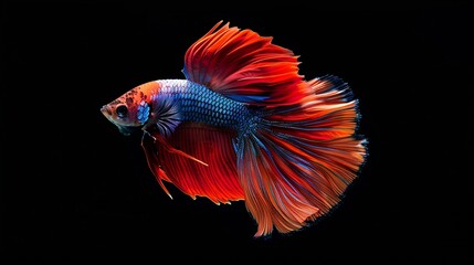 Obraz premium The colorful Siamese Elephant Ear Fighting Fish Betta Splendens also known as Thai Fighting Fish or betta a popular aquarium fish in super slow motion on isolated black background : Generative AI