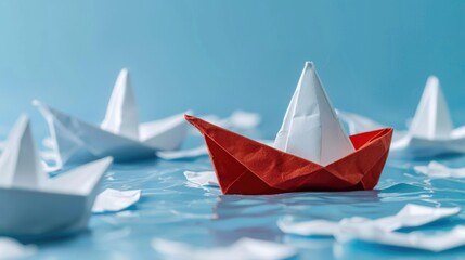 Obraz premium A collection of paper boats drifting on the surface of a lake or sea