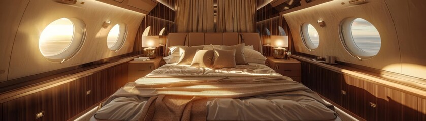 Modern private jet interior, luxurious bedding, sun setting outside the windows, inviting and comfortable, rich textures and soft lighting