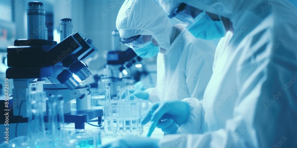 Poster researchers in lab coats conducting experiments in a laboratory setting, suitable for science and te
