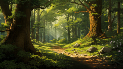 Fototapeta premium Sunlit Forest Path with Large Trees