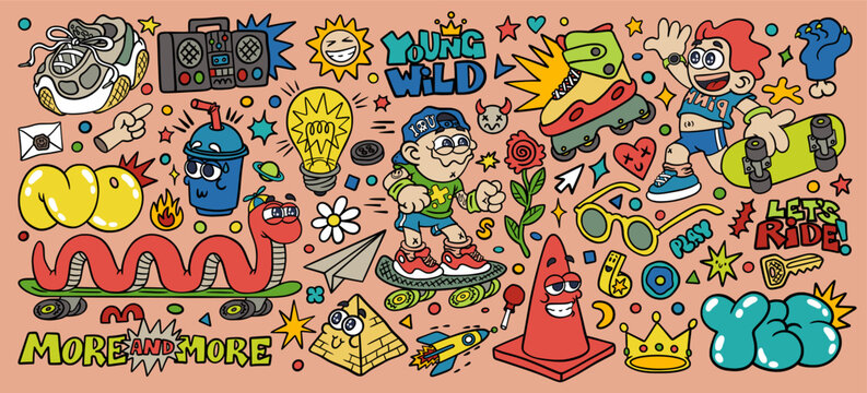 Skating stickers. Boys cool print. Doodle sport. Skateboard badges. Sunglasses and cute emoticons. Cartoon urban street skaters. Retro graphic. Hipster quote. T-shirt slogans. Vector fun patches set