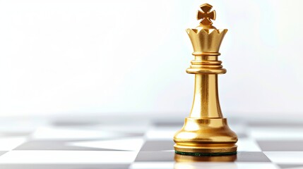 A golden king chess piece stands proudly on a chessboard, isolated against a white background. This powerful symbol of leadership represents the strength and strategy required to succeed in business.
