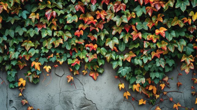 sfondo di mattoncini bianchi su un muro urbano con foglie di edera rosso e verde 