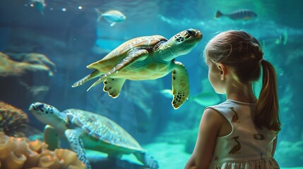 little girl at aquarium watching sea turtle swimming in tank curious child having fun watching fish swimming kid looking at marine life in oceanarium aquatic habitat : Generative AI