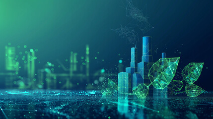 Green industry concept with factory and leaves in futuristic glowing low polygonal style on blue