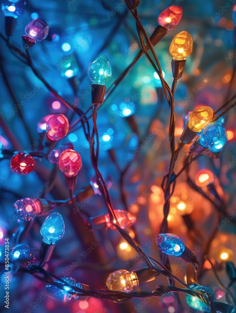 Poster close-up of a tree decorated with colorful string lights, suitable for festive or winter scenes