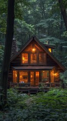 Cozy cabin in the woods, summer evening, high definition, warm light from windows, surrounded by lush trees, peaceful and tranquil, rustic charm