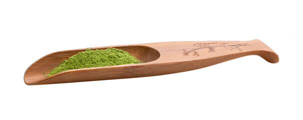 matcha green tea powder in wood spoon on transparent png