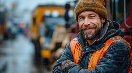 Obraz premium Man in Orange Vest and a Knit Hat Stands in the Snow