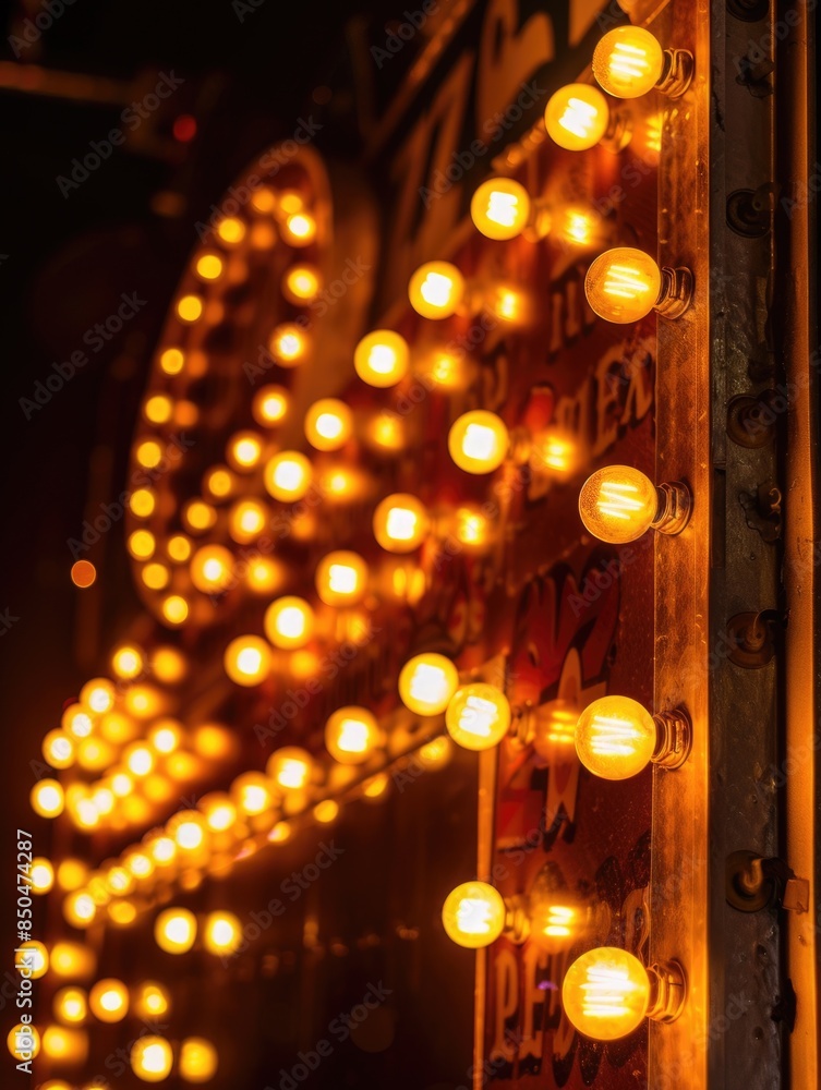 Poster A cityscape image featuring a building with strings of lights suspended from its facade