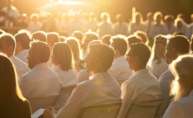 embellished doctors sitting in the crowd of other doctors during a conference, in an outdoor setting, with warm light