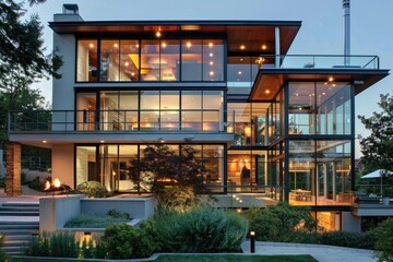 Beautiful modern house exterior with grass field Modern residential district