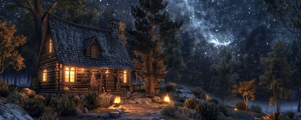 Cozy cabin in the woods, starry night, high resolution, glowing lights, surrounded by forest, serene and peaceful, rustic and inviting