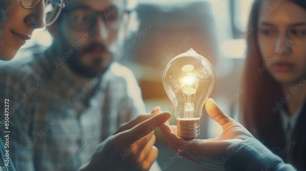 Aufkleber young business people are discussing together a new startup project a glowing light bulb as a new id
