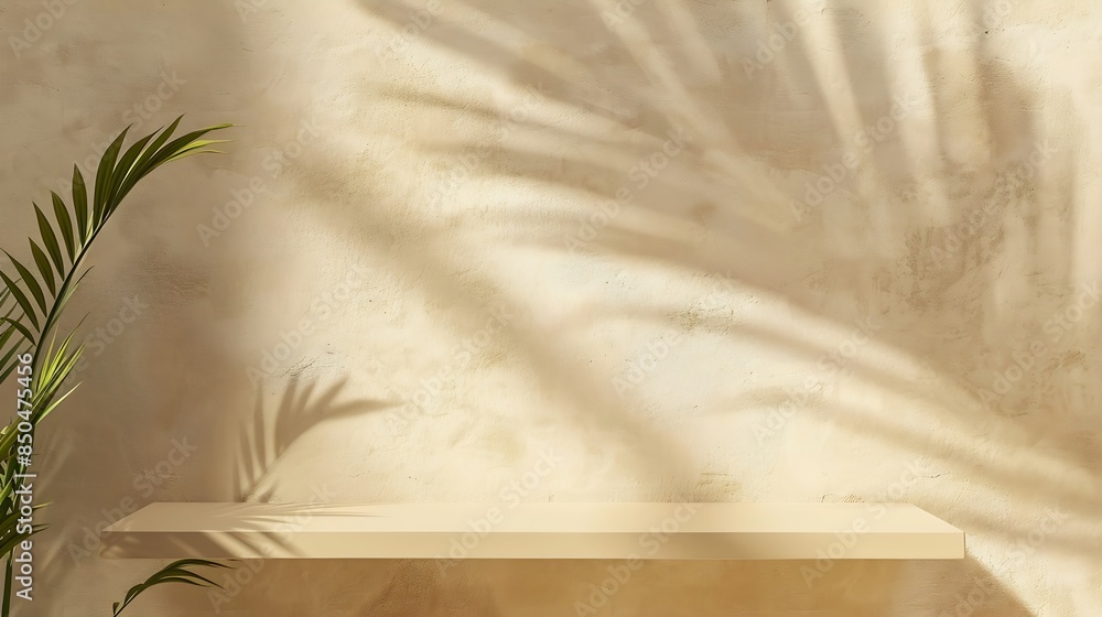 Poster empty shelf on a beige textured plaster wall background with aesthetic floral sun light shadows prod