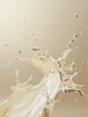 A splash of milk on a clean white surface, suitable for use in food or cosmetic photography
