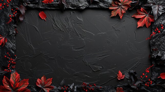 A textured black background with several black and red leaves surrounding a square above it - Powered by Adobe