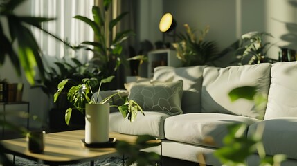 Fototapeta premium Modern scandinavian interior of living room with design grey sofa armchair a lot of plants coffee table carpet and personal accessories in cozy home decor Template : Generative AI