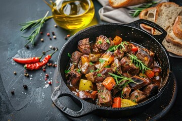 A pan filled with meat and vegetables served alongside a slice of bread