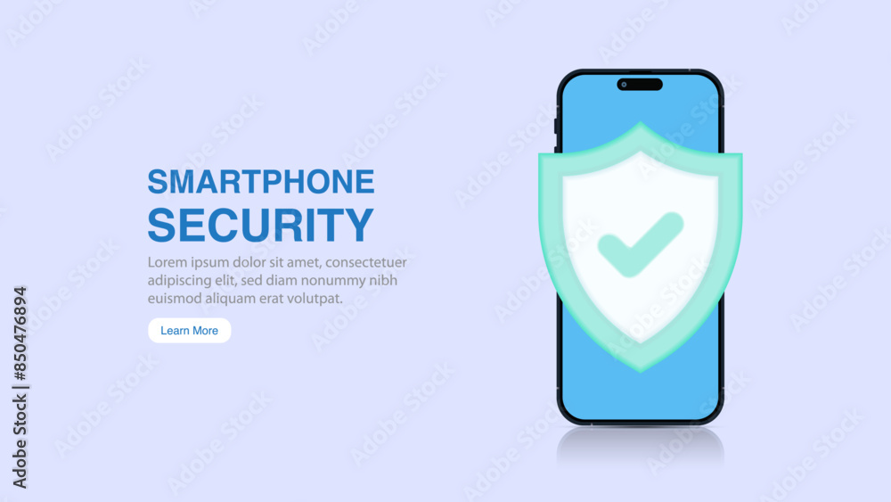 Aufkleber 3d smartphone illustration with protective shield - web banner design. 3d shield icon with tick and 