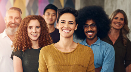 Obraz premium Creative agency, portrait and team with leadership, confidence and diversity in office for cooperation. Employees, collaboration and group of people with management as small business for design work