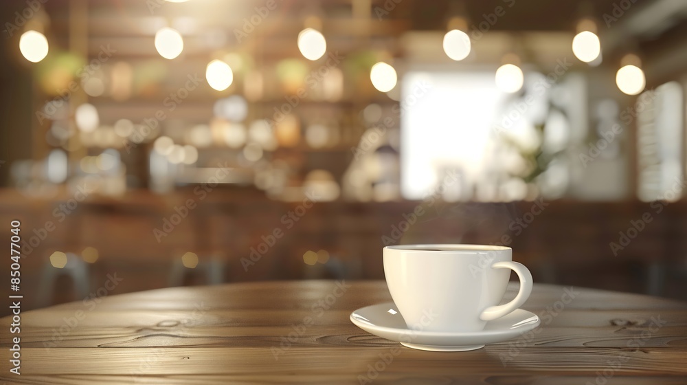 Poster Empty coffee table over defocused coffee shop background with copy space : Generative AI