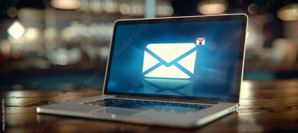 Poster minimalist envelope icons on laptop screen displaying geometric emails for efficient organization