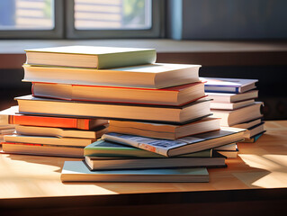 stack of books lying on table in bookstore, Open book on the table in a library and bookshelf