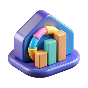 3d icon, chart for real estate agency, property business, types of statistic, holographic colors. Selling, buying, rentals apartments, mortgage statistic.