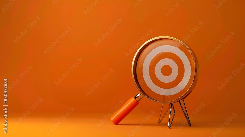 Poster target board inside vintage magnifying glass for focus business objective on orange background and c