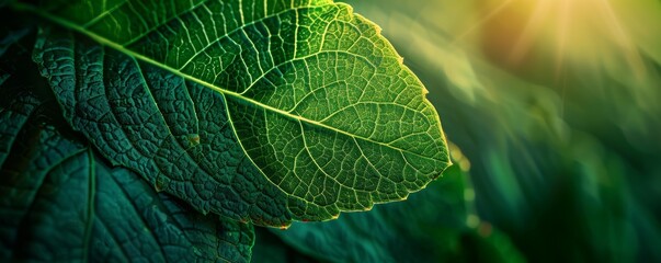 Close-up leaf texture, sunlight filtering through, high resolution, vibrant green, intricate veins, natural and fresh, detailed and lively, macro shot