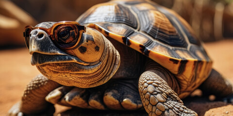 Naklejka premium Close-up portrait of a Radiated Tortoise wearing stylish sunglasses in a desert environment, blending humor and creativity with a detailed and unique look, showcasing natural textures and warm tones