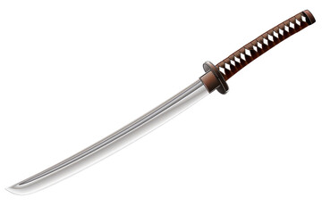A detailed image of a traditional Japanese katana sword with a sharp blade and intricately designed handle, isolated on a white background and transparent background.