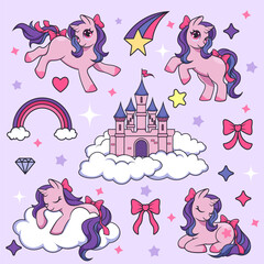 Unicorn, princess castle, sticker collection. Cute cartoon isolated elements, pattern fairytale horse. Rainbow background, decorative animals, icon logo kids. Happy girl magic set. Vector birthday art
