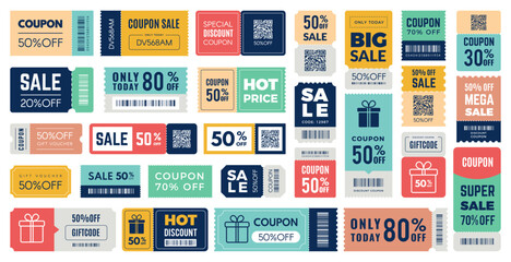 Coupon ticket. Code promotion event, sale off 50. Voucher discount, gift promo card. Bar code, icon certificate. Labels and badges with separated line. Vector banner price money, flat style design
