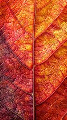 Close-up leaf texture, autumn colors, rich reds and oranges, high definition, intricate veins, natural beauty, detailed and vibrant, macro view